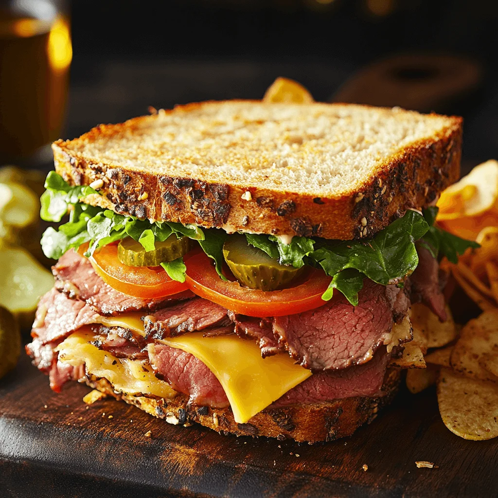 A beef and cheese deli sandwich with layers of tender roast beef, melted cheese, fresh lettuce, and tomato slices on golden crusty bread, served on a wooden cutting board with a side of potato chips and a pickle spear.