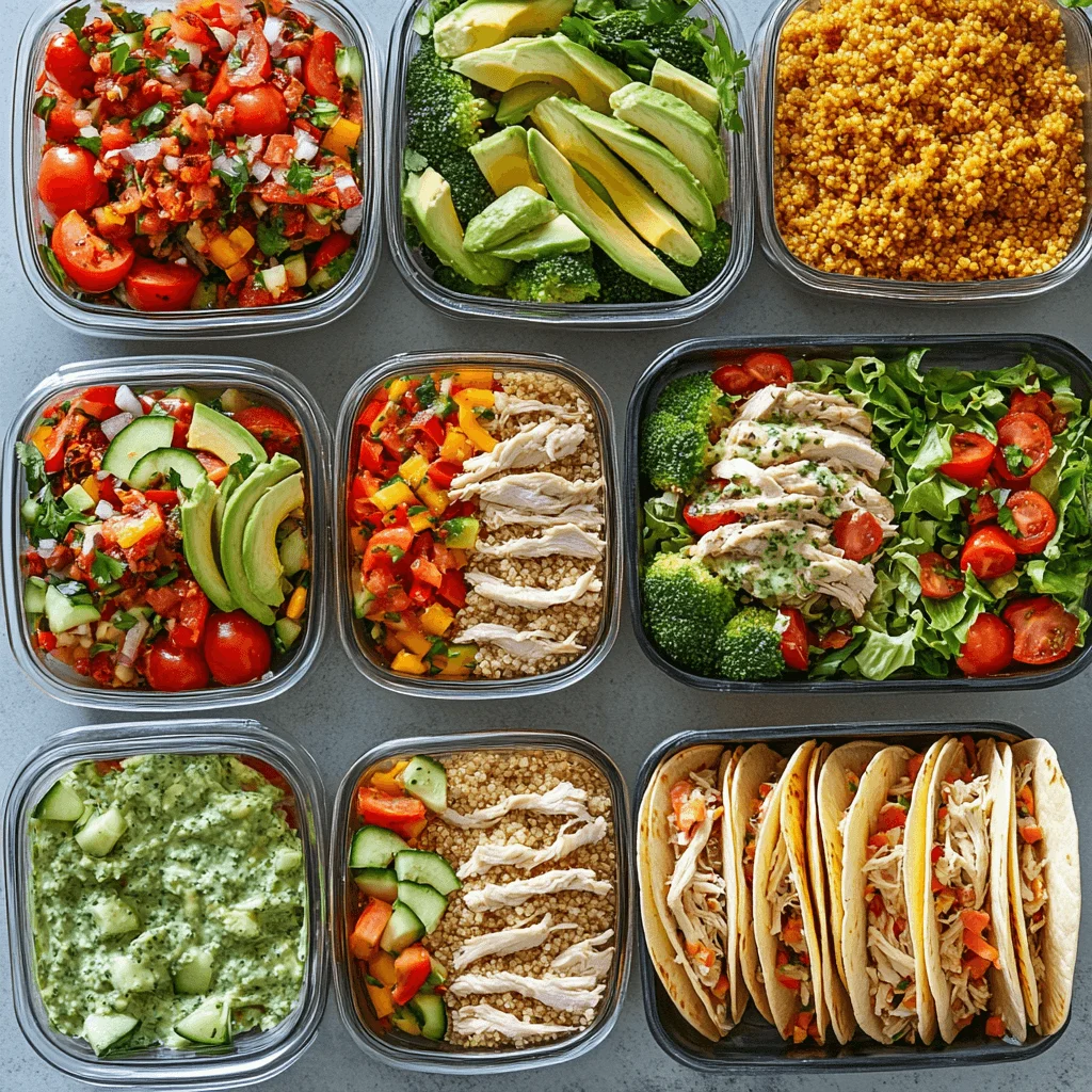 A vibrant display of leftover rotisserie chicken recipes arranged for meal prep, featuring shredded chicken in quinoa and roasted veggie bowls, tacos with salsa verde and avocado, creamy pasta with broccoli, and a fresh salad with greens, cherry tomatoes, and cucumber. Organized in clear meal prep containers on a clean kitchen counter, highlighting freshness and convenience.