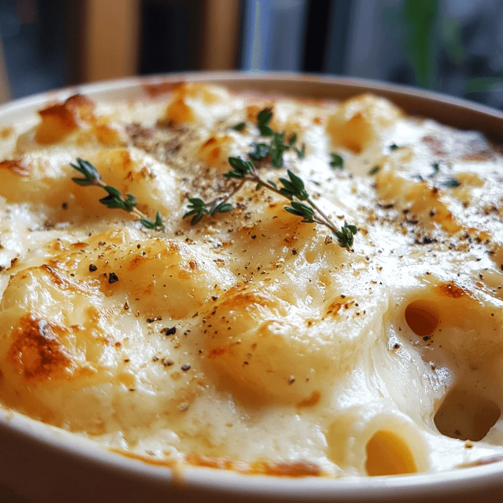 Close-up of creamy, golden mac and cheese with gooey melted cheese stretching from the pasta. The dish has a slight golden-brown crust on top, garnished with freshly ground black pepper and fresh herbs. The mac and cheese is served in a rustic dish, creating a warm, comforting atmosphere with soft lighting and a homey kitchen setting.