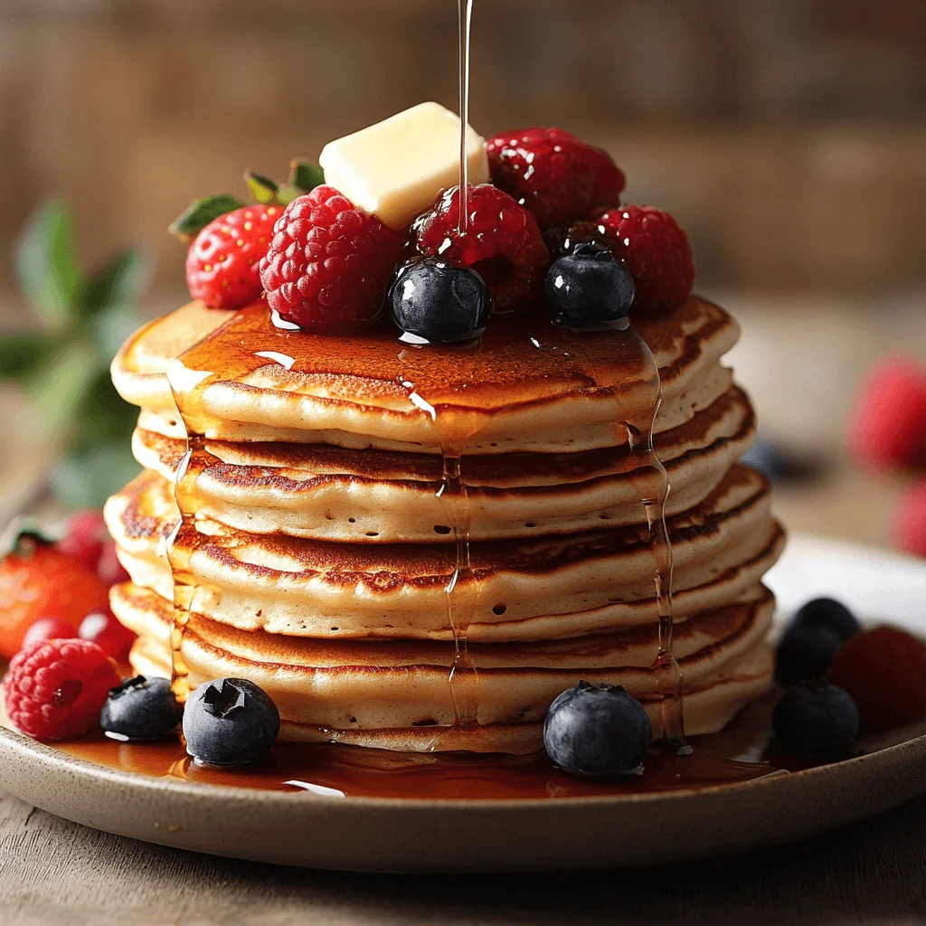 A stack of fluffy, golden-brown pancakes made with Krusteaz Pancake Mix, topped with fresh berries, a drizzle of maple syrup, and a pat of melting butter, sitting on a plate with a cozy, warm breakfast ambiance.
