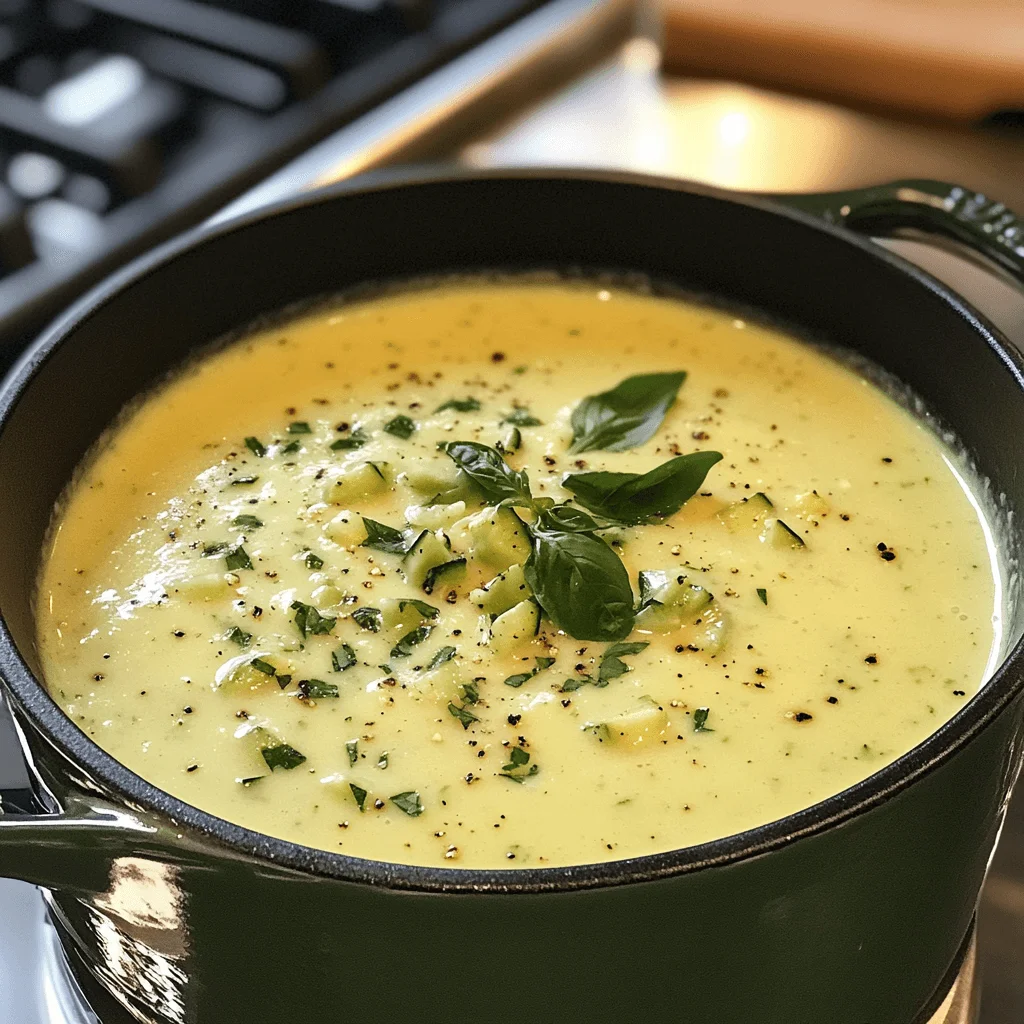 A beautifully set table featuring a bowl of zucchini soup, fresh salad, and glasses of water, perfect for a healthy meal.