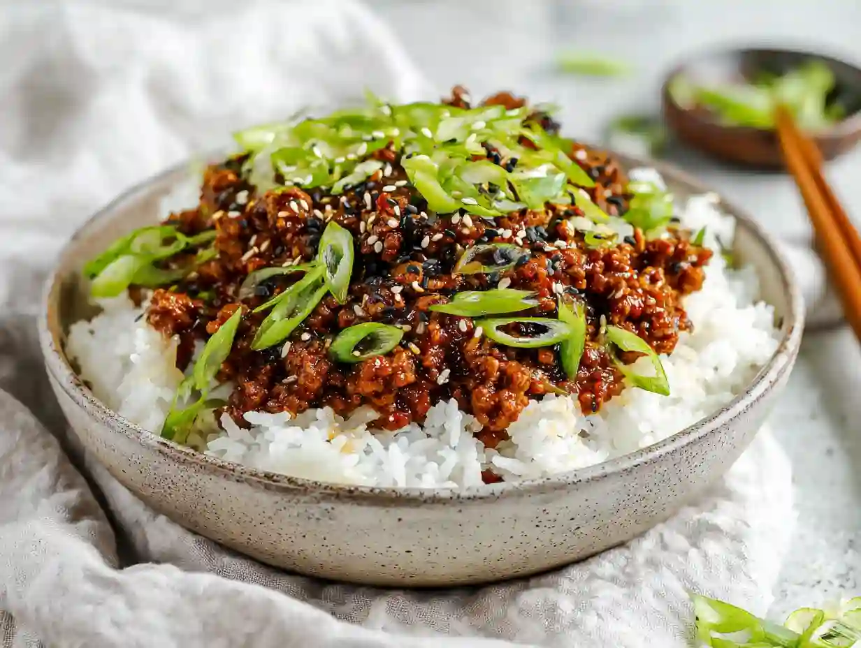 Bowl of Korean ground beef served over steamed white rice, topped with sesame seeds, green onions, and a savory soy garlic sauce.