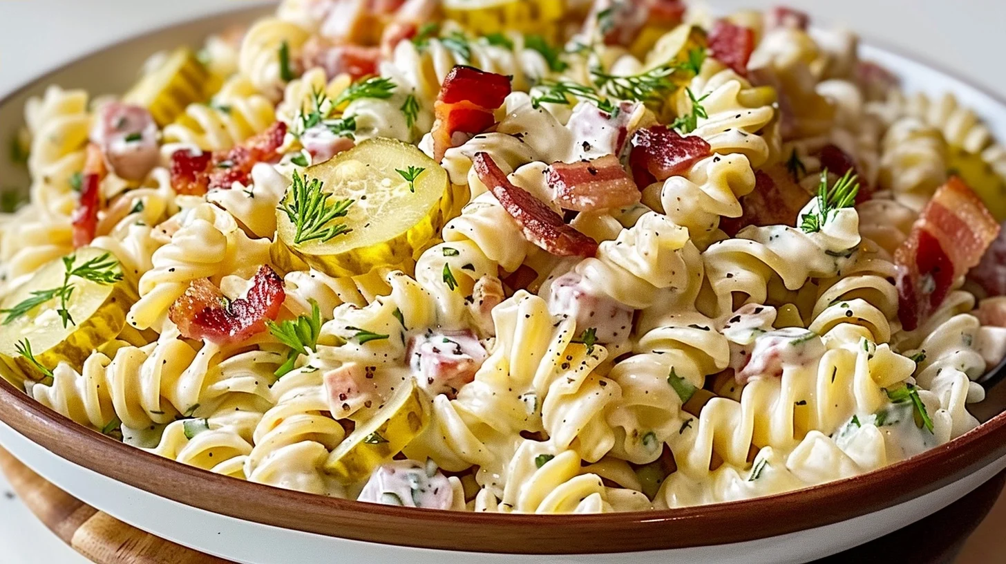 Creamy Dill Pickle Bacon Ranch Pasta Salad Recipe
