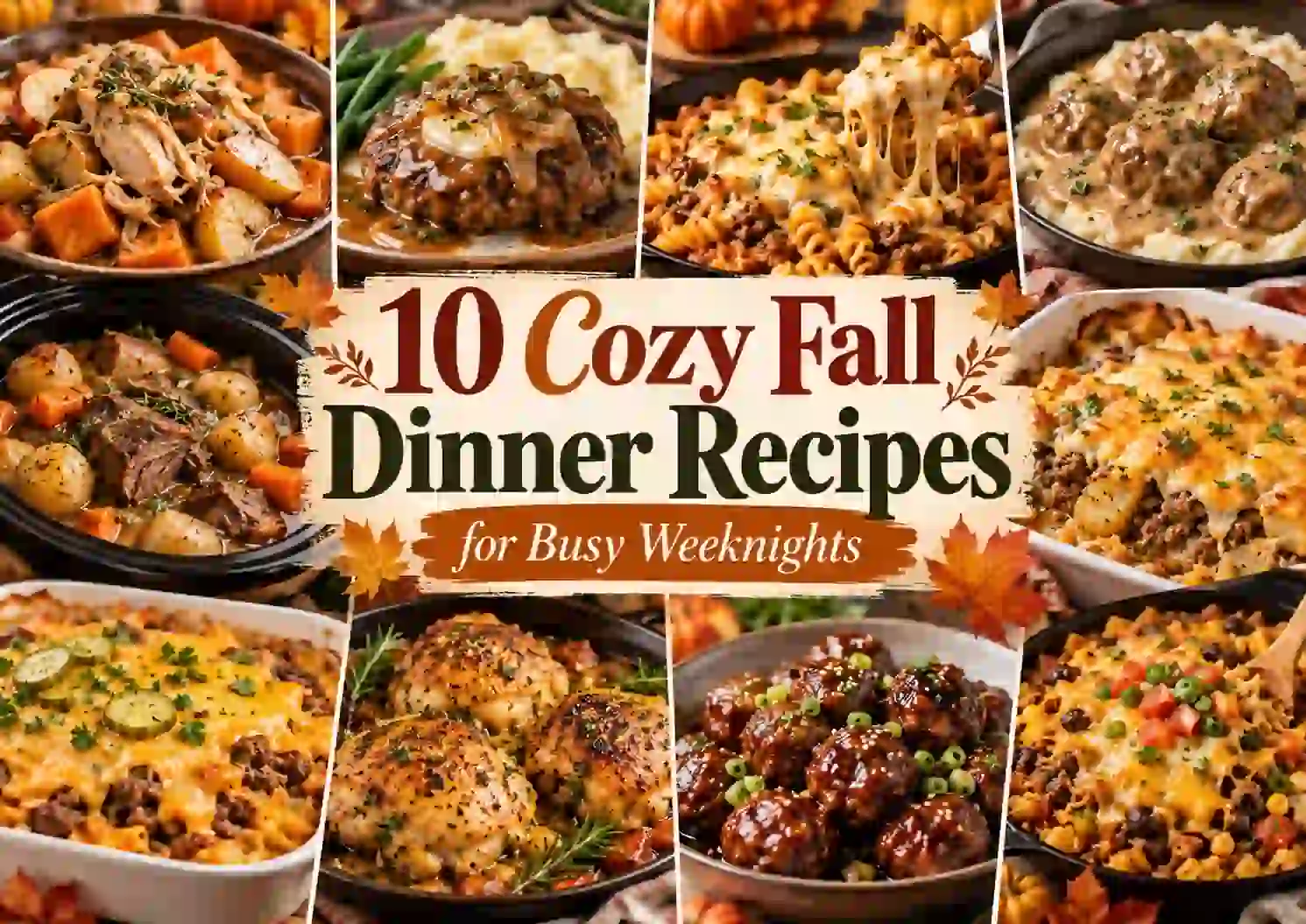 10 cozy fall dinner recipes for busy weeknights featuring slow cooker chicken, Salisbury steak, cheesy beef pasta, meatballs and gravy, beef and potatoes, casseroles, golden chicken, Mongolian meatballs, and taco rice skillet.