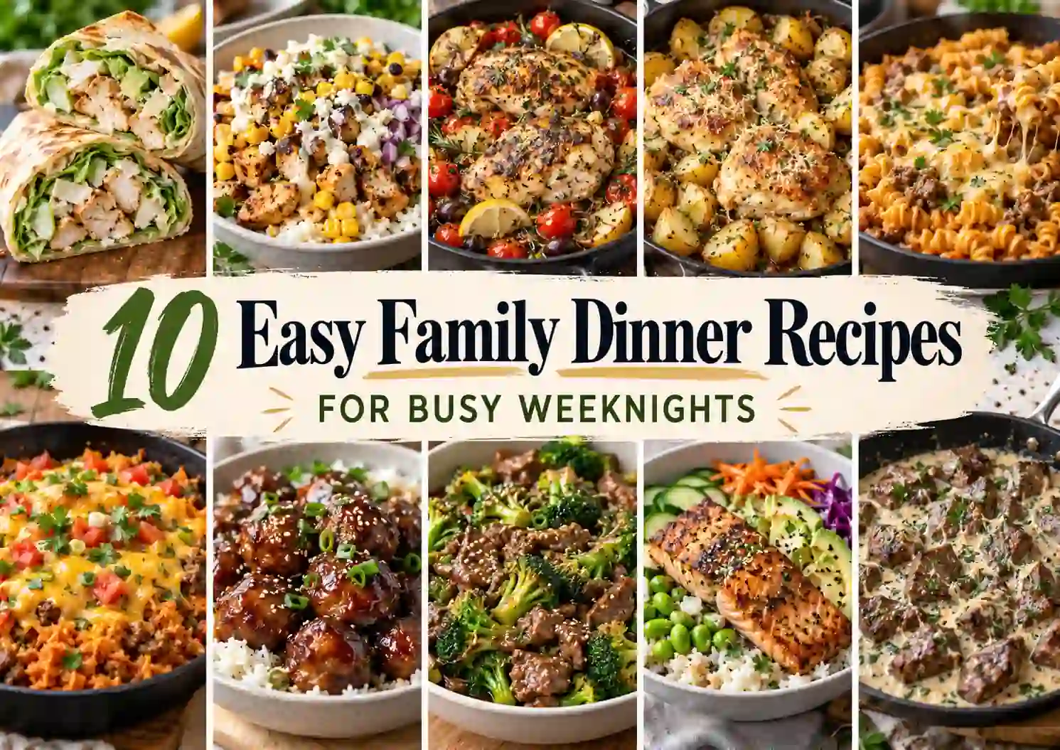 10 easy family dinner recipes for busy weeknights featuring chicken wraps, street corn chicken bowls, Mediterranean chicken, garlic Parmesan chicken and potatoes, cheesy beef pasta, taco rice, Mongolian beef meatballs, beef and broccoli, salmon rice bowls, and steak bites.