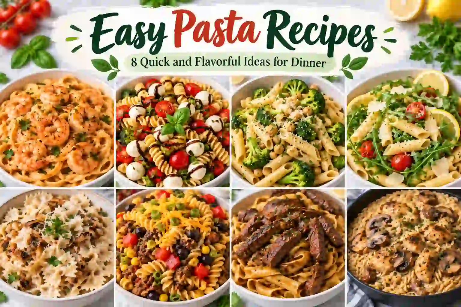 Eight easy pasta recipes for quick and flavorful dinners, from creamy shrimp pasta and fresh pasta salads to hearty steak pasta and chicken orzo.
