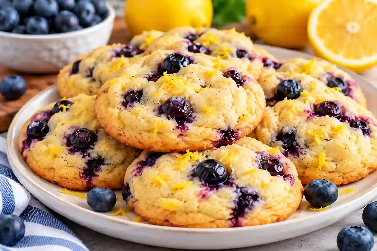 Soft and chewy lemon blueberry cookies made with fresh blueberries and lemon zest, served on a plate with fresh lemons and blueberries.