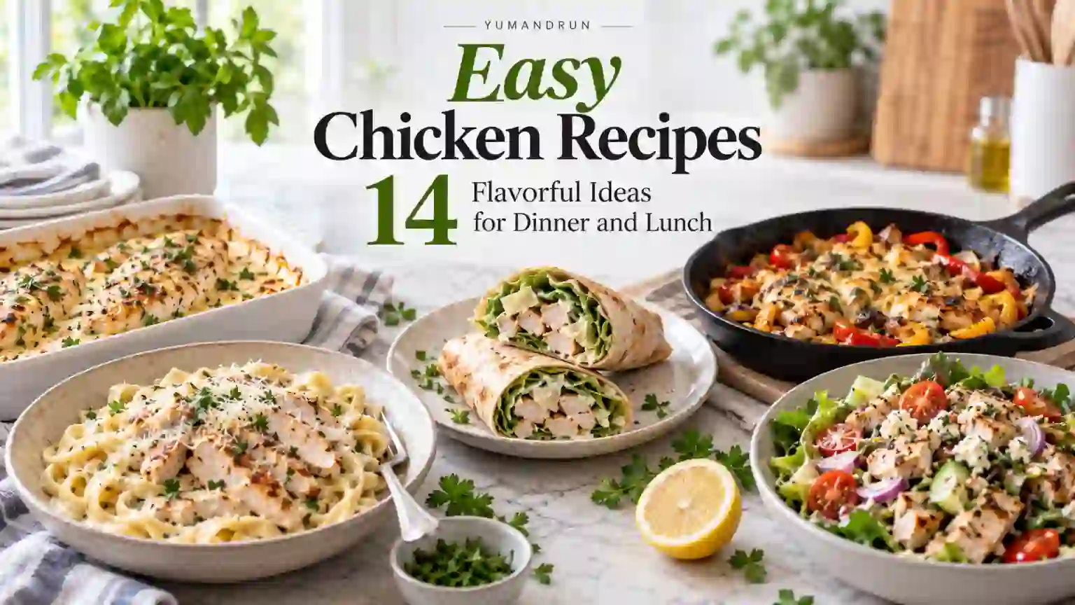 Easy chicken recipes including baked chicken, chicken Alfredo, wraps, skillet chicken, and chicken salad