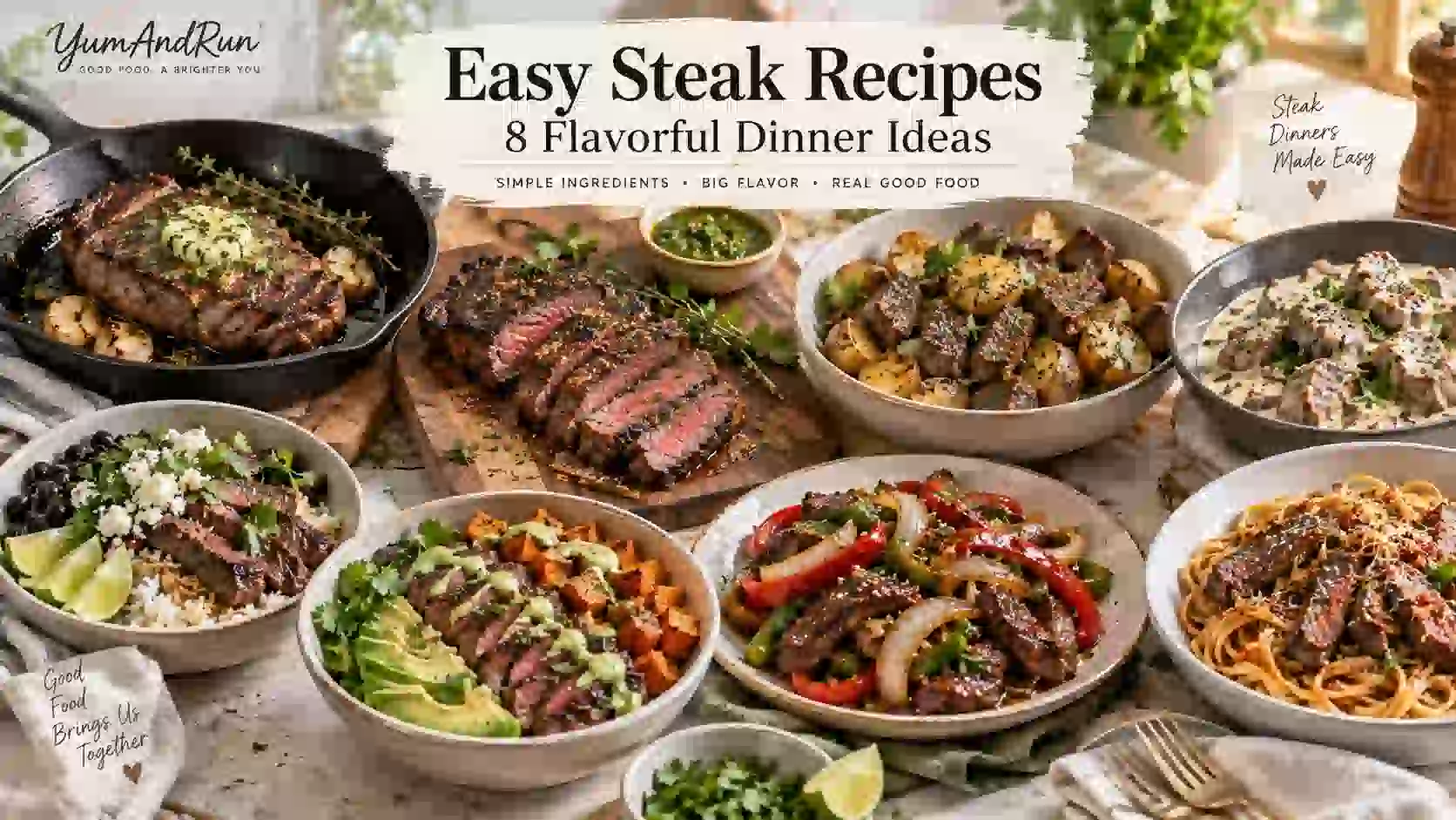Easy steak recipes including pan-seared steak, steak bites, steak bowls, pepper steak, and steak pasta