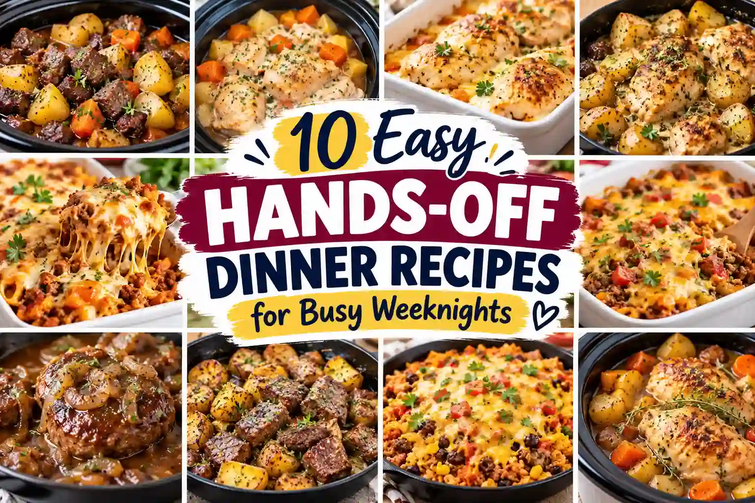 10 easy hands-off dinner recipes for busy weeknights featuring slow cooker beef and potatoes, chicken, casseroles, cheesy pasta, steak bites, Salisbury steak, and one-pan meals.